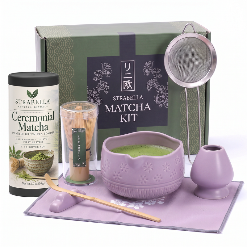 Strabella purple matcha gift set - studio hero with ceremonial matcha tin, lavender chawan, bamboo whisk