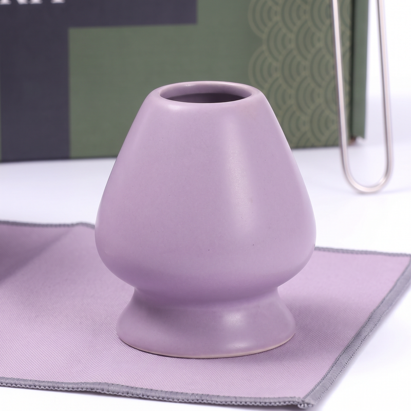 Lavender ceramic matcha whisk holder close-up