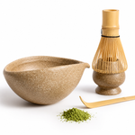 Strabella Reef Yellow matcha ceremony set: stone-texture ceramic bowl, bamboo whisk, whisk stand and scoop