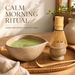 Reef Yellow Strabella matcha bowl with whisked matcha, bamboo whisk on stand and scoop on a rattan tray