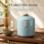 Strabella Ru Kiln tea caddy Ru Kiln Blue — with matcha whisk and bowl, calm color accent