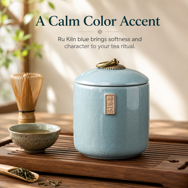 Strabella Ru Kiln tea caddy Ru Kiln Blue — with matcha whisk and bowl, calm color accent