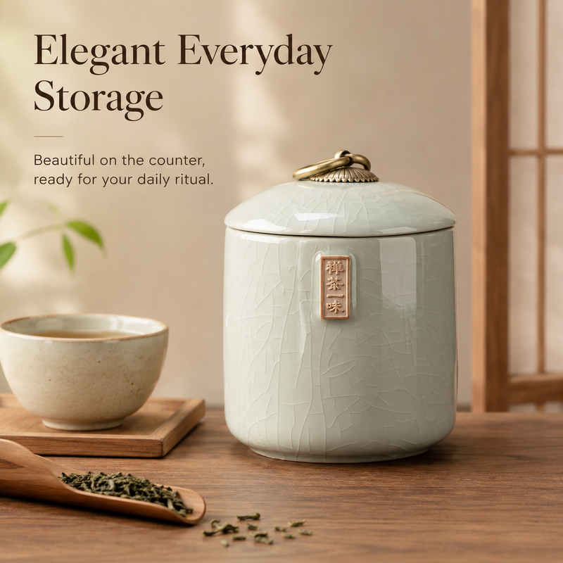 Strabella Ru Kiln tea caddy Cream — on wooden counter with loose leaf tea, elegant everyday storage