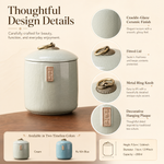 Ru Kiln tea caddy design details — crackle glaze finish, fitted lid, metal ring knob, decorative plaque, 200ml capacity