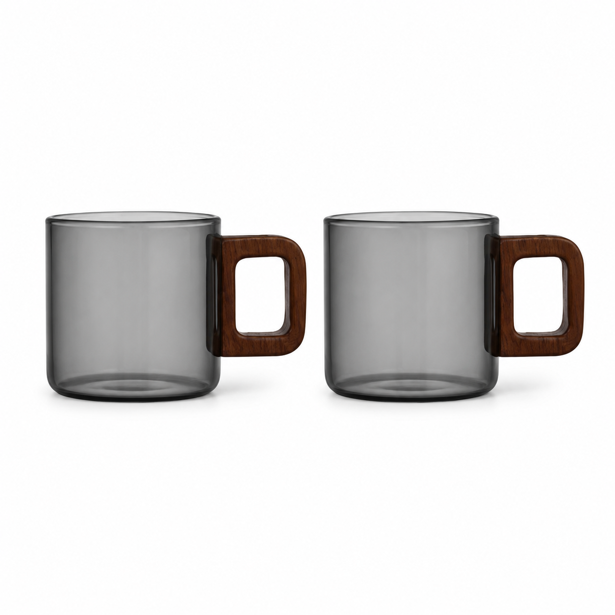 Strabella smoke-gray glass coffee mug set of 2 with square solid-wood handles