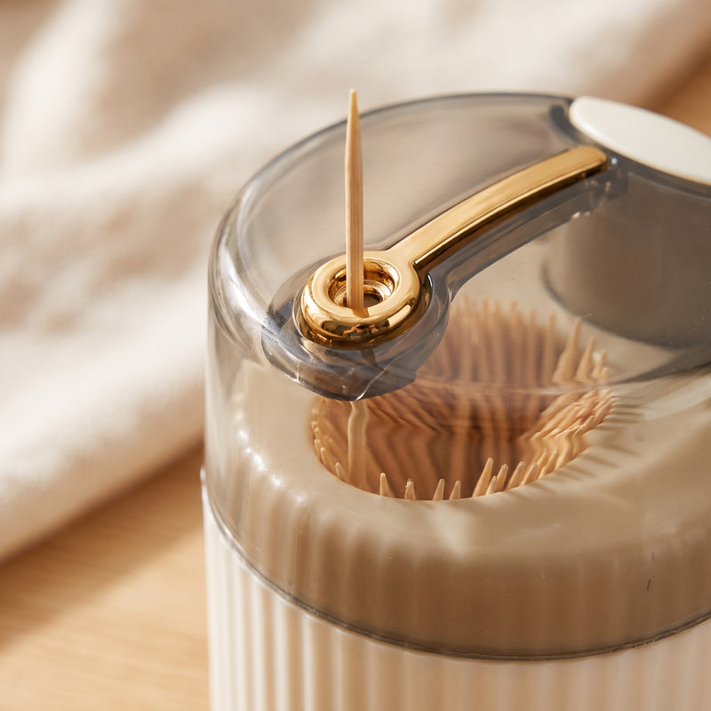 Toothpick holder — close-up of the gold-tone lever lifting a single toothpick through the lid
