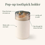 Toothpick holder — feature callouts for the one-press lever, lift-off lid and ribbed base