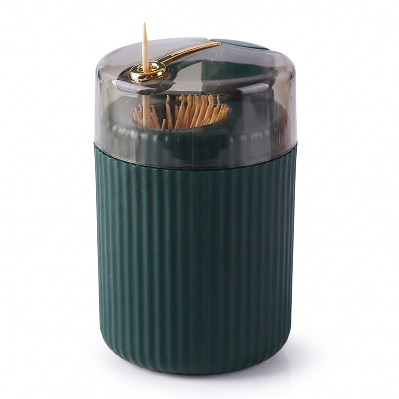 Toothpick holder — dark green pop-up dispenser with smoky lid and gold press lever