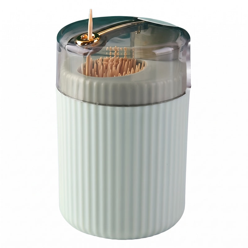 Toothpick holder — mint pop-up dispenser with smoky lid and gold press lever