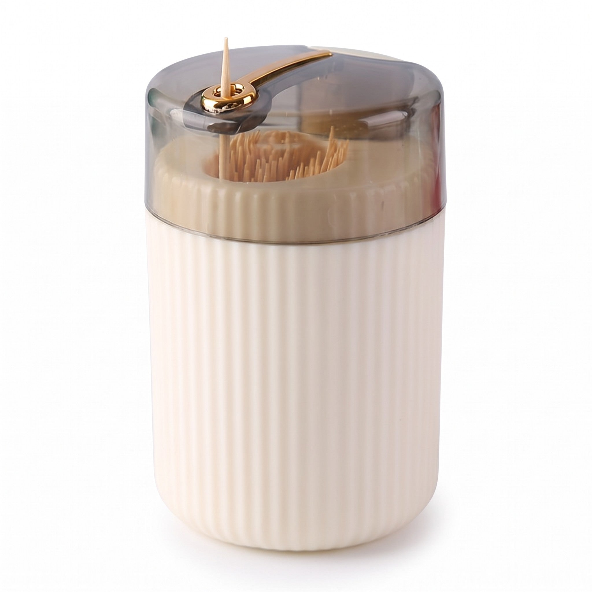 Toothpick holder — cream pop-up dispenser with smoky lid and gold press lever, one toothpick raised