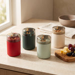 Toothpick holder — mint, cream, dark green and red pop-up dispensers on a kitchen counter