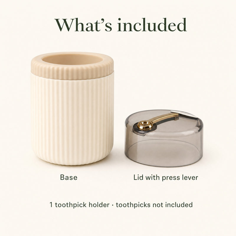 Toothpick holder — what's included: ribbed base and lid with press lever, toothpicks not included