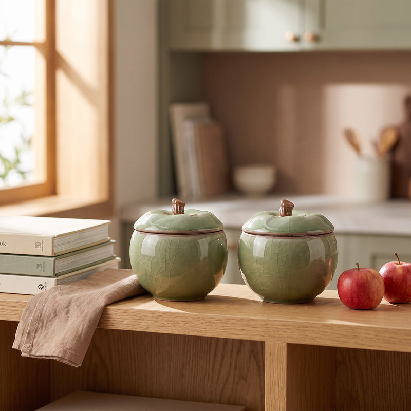 Apple trinket jars — light green pair on a kitchen shelf next to red apples