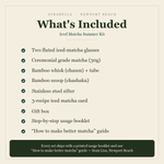 What's included — Iced Matcha Summer Kit: two fluted glasses, ceremonial matcha, whisk, scoop, sifter, 3-recipe iced card, usage booklet and how-to guide
