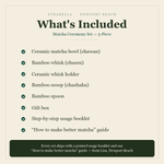 What's included — Matcha Ceremony Set 5-Piece: bowl, whisk, holder, scoop, spoon, gift box, usage booklet and how-to guide