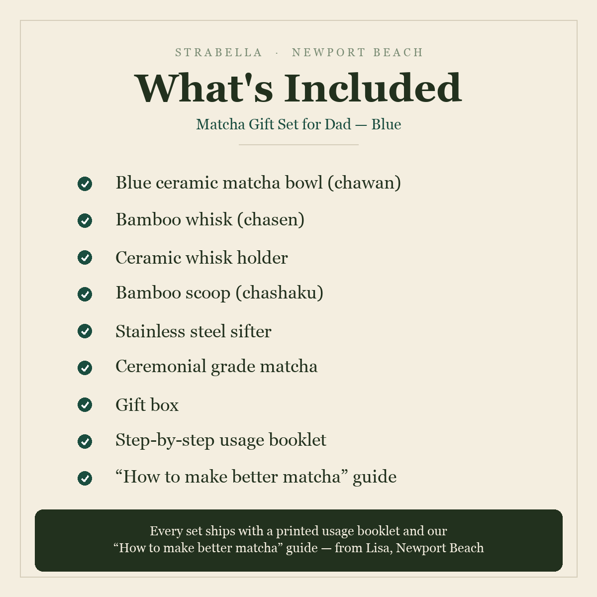 What's included — Blue Matcha Gift Set: blue bowl, whisk, holder, scoop, sifter, ceremonial matcha, usage booklet and how-to guide