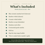 What's included — Blue Matcha Gift Set: blue bowl, whisk, holder, scoop, sifter, ceremonial matcha, usage booklet and how-to guide