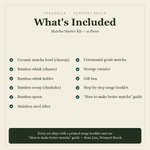 What's included — Matcha Starter Kit 9-Piece: bowl, whisk, holder, scoop, spoon, sifter, ceremonial matcha, storage canister, gift box, usage booklet and how-to guide