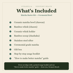 What's included — Matcha Starter Kit: bowl, whisk, holder, scoop, sifter, ceremonial matcha, usage booklet and how-to guide