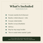 What's included — Strabella Matcha Tea Set: ceramic bowl, bamboo whisk, whisk holder, scoop, gift box, usage booklet and how-to-make-better-matcha guide