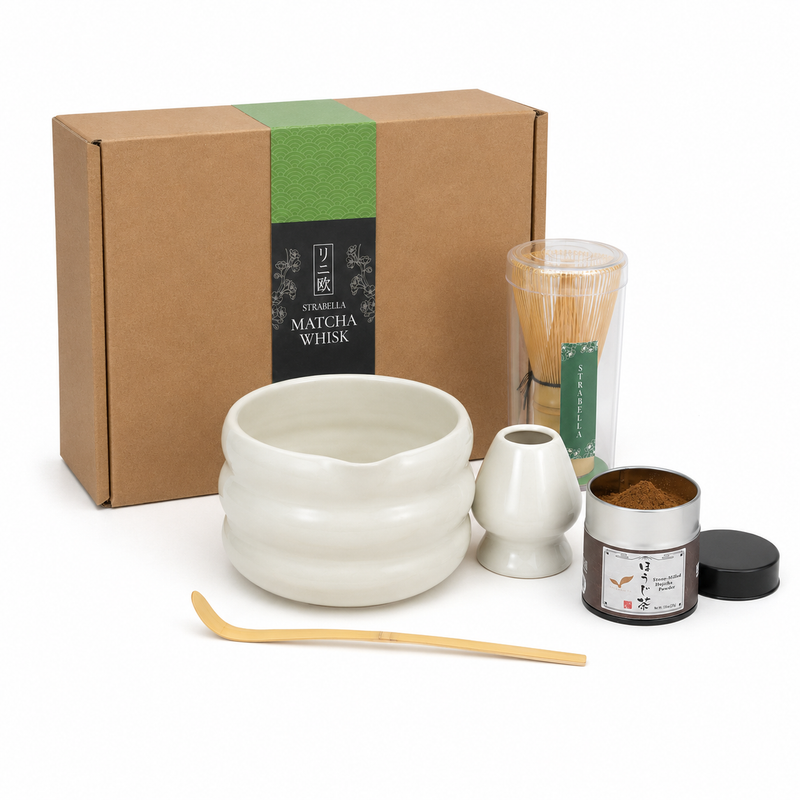 White ceramic matcha bowl with bamboo whisk, whisk holder, bamboo scoop and Kyoto hojicha powder tin — Strabella Hojicha Set