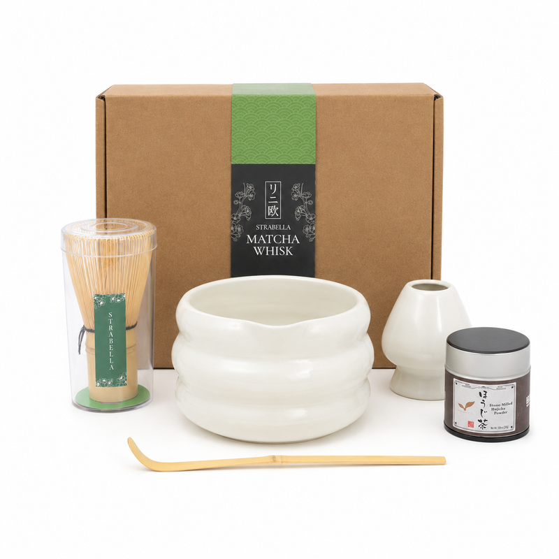 White ceramic hojicha and matcha bowl with bamboo whisk, holder, scoop and Kyoto hojicha tin — Strabella Hojicha Set